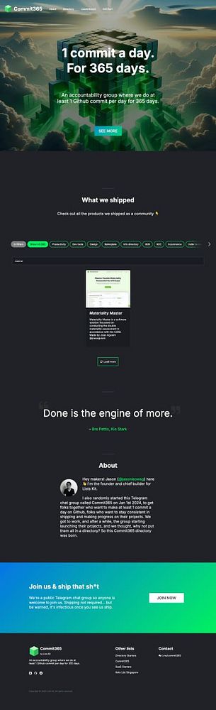 The image displays a webpage for Commit365, highlighting a new sustainability report software solution called Materiality Master.