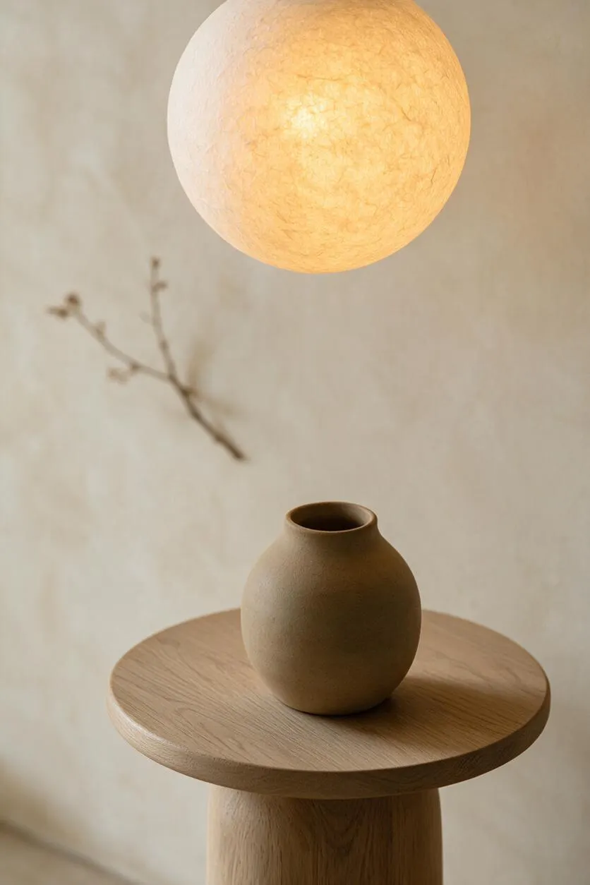 A warm organic modern vignette featuring a glowing spherical pendant light above a small round oak table. A simple matte ceramic vase sits centered on the tabletop, with a delicate branch shadow on the textured beige wall behind it.