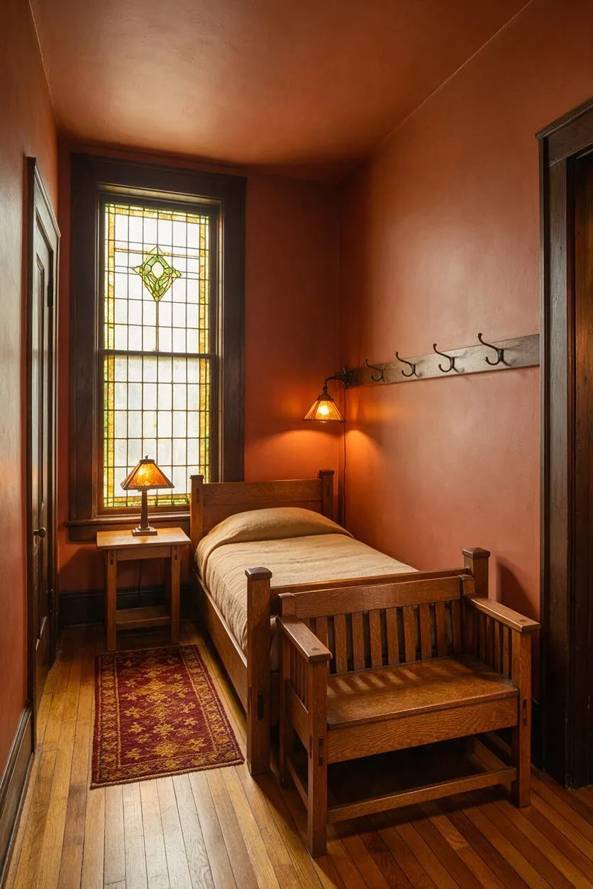 A narrow Craftsman-style bedroom with warm terracotta walls, a single wooden bed, and matching wood bench at the foot of the bed. A stained glass window brings in soft light above a small side table and lamp, while a wall-mounted coat rack and patterned runner add character.