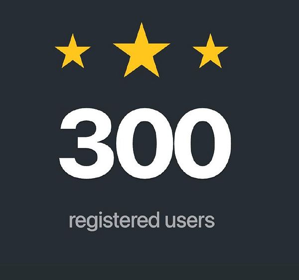 Screenshot of a social media platform interface showing user statistics and a tweet about passing 300 registered users.