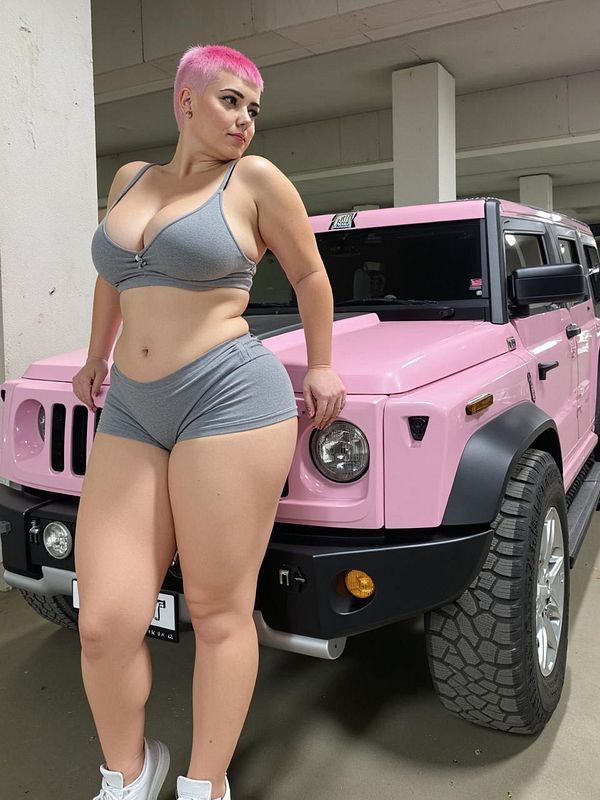 A woman poses confidently next to a pink SUV in a parking garage.