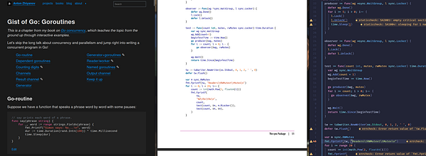 The image displays a programming tutorial on Go concurrency, focusing on goroutines and related concepts.