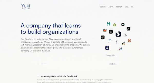 Webpage screenshot showcasing a company named Yuri Capital with navigation icons and a hero section.
