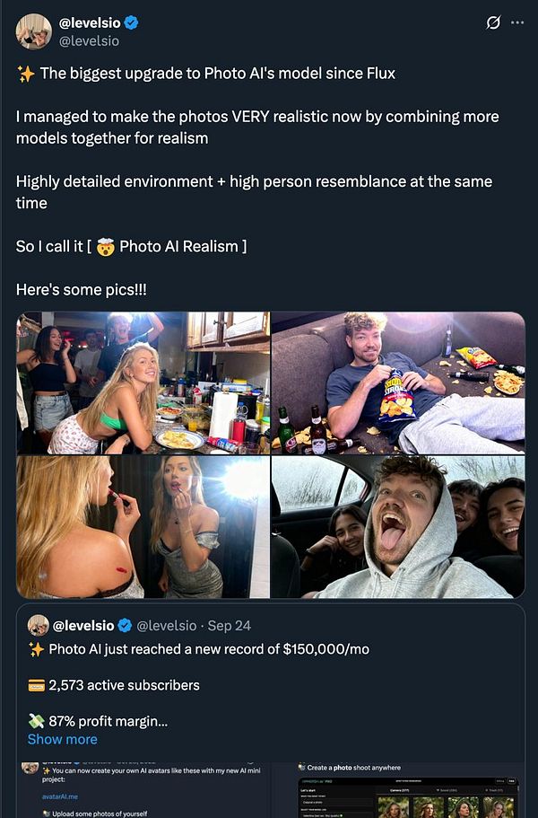 A collage of four images showcasing realistic photos generated by Photo AI, featuring various people in different settings.