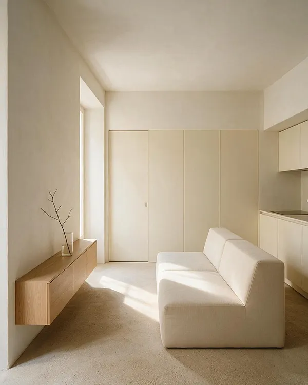 A minimalist studio apartment with a low cream sofa facing a built-in wall of flush cabinets, a slim floating oak console on the left, and a compact kitchen on the right. Soft daylight enters from a tall side window, highlighting the beige carpet, warm white walls, and simple neutral palette.