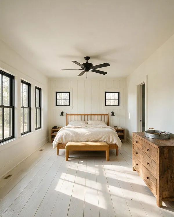 A serene farmhouse master bedroom with white shiplap walls, black-trimmed windows, and a natural wood bed centered on painted white plank floors. A black ceiling fan, matching wall sconces, a cushioned bench, and a rustic wood dresser add warmth and contrast to the bright, minimalist space.