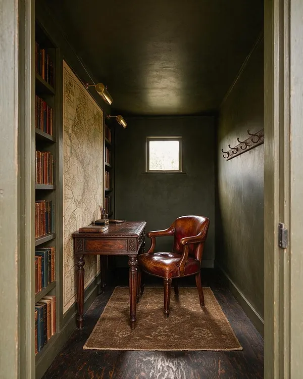 A narrow moody room with dark green walls and ceiling, built-in bookshelves filled with old books on the left, and a framed map mounted beside a carved wooden desk. A worn leather armchair sits on a muted rug, with a small window and wall hooks adding to the scholarly, vintage atmosphere.