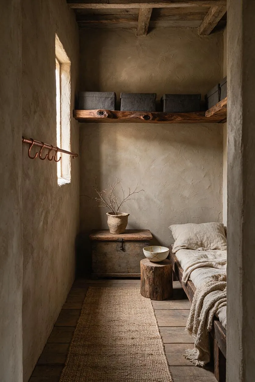 A narrow closet with plaster walls, exposed wooden ceiling beams, and a woven rug running down the center. A rough wood shelf holds fabric storage boxes, while a bench-style chest, a small stump table, and soft neutral bedding create a calm, handmade Wabi-Sabi atmosphere.