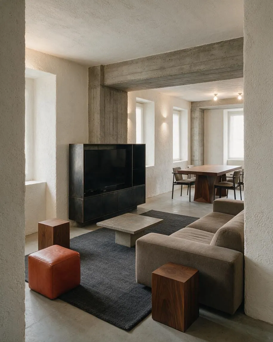 A media room with a Brutalist feel features textured off-white walls, exposed concrete beams, and a black TV cabinet. A beige sofa sits on a dark rug with a low stone coffee table, while walnut cube stools and a burnt orange ottoman add warmth. In the back, a wooden dining table and chairs sit beside bright windows.