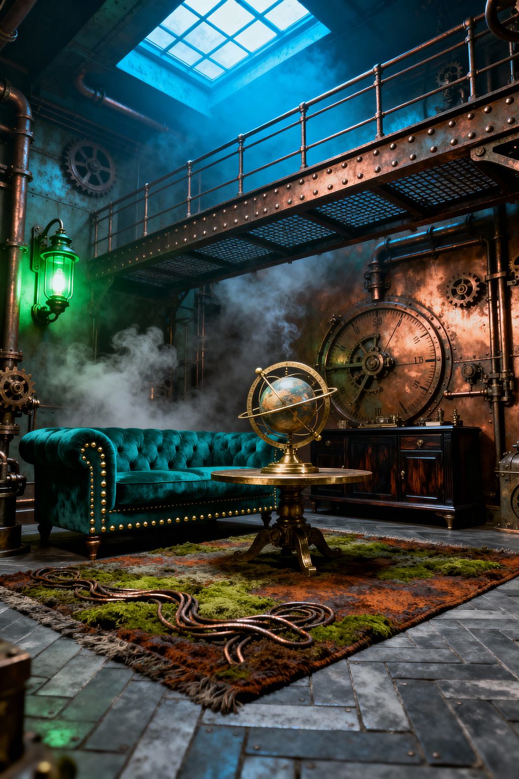 A steampunk living room with a deep teal tufted velvet Chesterfield sofa studded with brass nails sits before a round brass pedestal table topped with an armillary globe. Burnished copper walls with pipes, gears, and a large gauge lie beneath a riveted steel mezzanine; a green industrial lantern, herringbone slate floor, and a mossy green-and-rust rug with coiled copper accents are lit by a blue-tinted skylight as wisps of steam drift through.