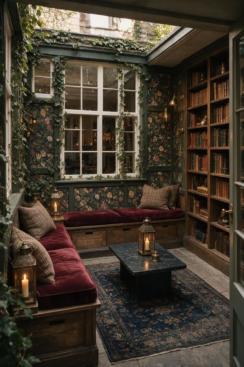 A narrow backyard seating area styled in dark academia, with ivy climbing around dark green walls, floral wallpaper, and a large white-paned window. Built-in wooden benches with burgundy velvet cushions line the space, paired with textured throw pillows, lanterns with candles, a dark coffee table, a patterned rug, and a tall bookshelf filled with old books.