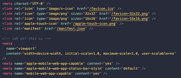 The image displays a code snippet related to favicon and PWA (Progressive Web App) features in HTML.