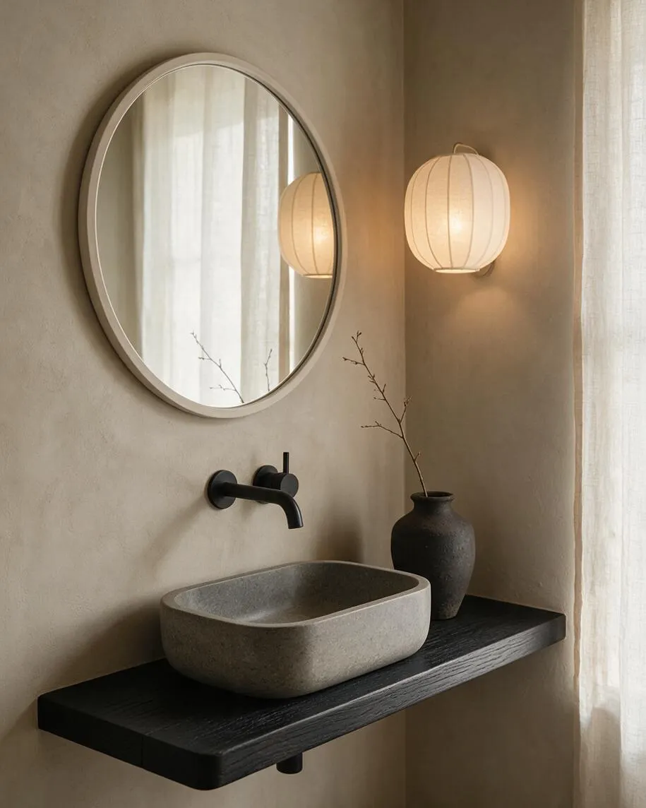 A minimalist Japandi bathroom with a round wall mirror, matte black faucet, and a shallow rectangular stone sink mounted on a dark floating shelf. Soft beige plaster walls, warm lantern-style sconces, sheer curtains, and a small black vase with bare branches create a calm, natural atmosphere.