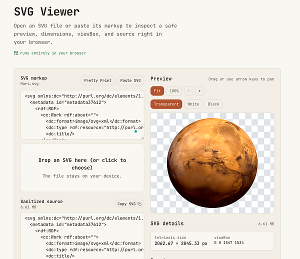 Screenshot of an SVG viewer web interface displaying a React component export option and an SVG image preview.