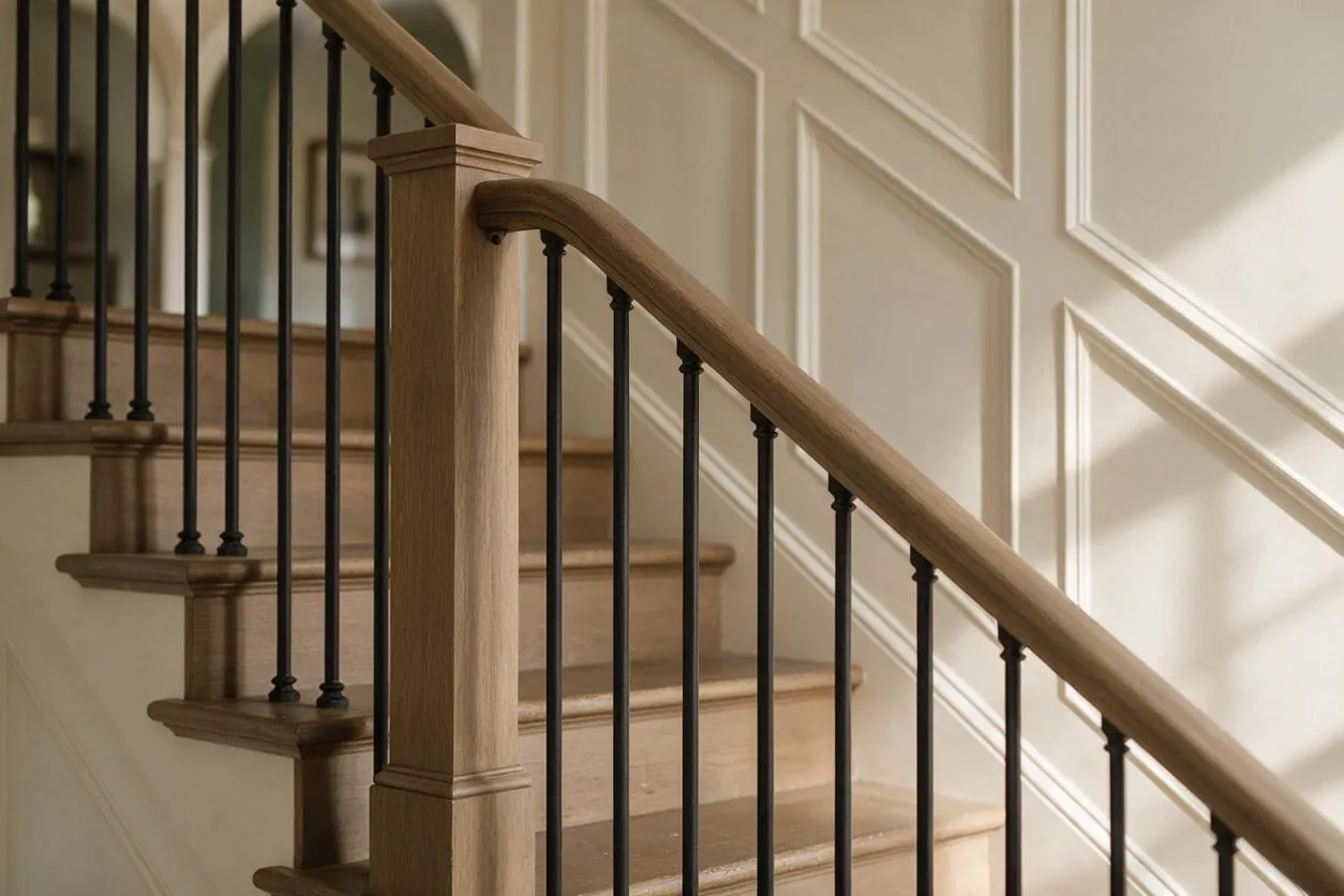 A transitional staircase detail with light oak treads, a matching wood handrail and square newel post, and slim black iron balusters. Cream paneled walls and soft natural light create a refined, classic atmosphere.