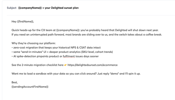 The image displays an email draft regarding a migration plan for a company transitioning from Delighted to a new platform.