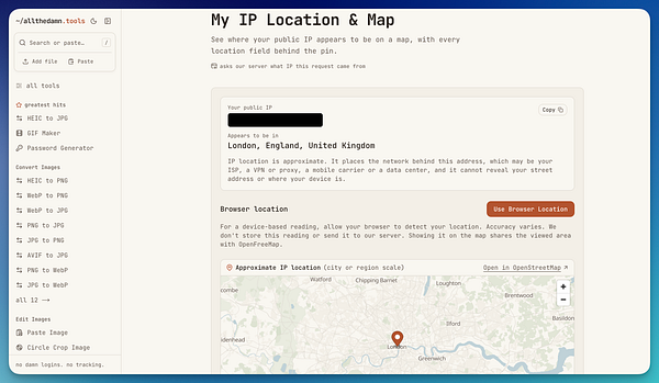 Web interface displaying a 'My IP Location & Map' tool showing the user's approximate IP location on a map centered around London, England, United Kingdom.