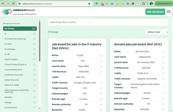 Screenshot of a job search filter interface on a Marketplace job board displaying various filtering options and job listings.
