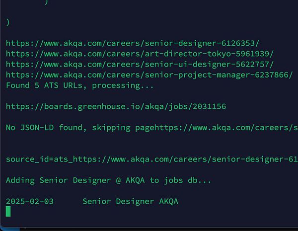The image displays a terminal output related to a job scraper processing URLs from AKQA's careers page.