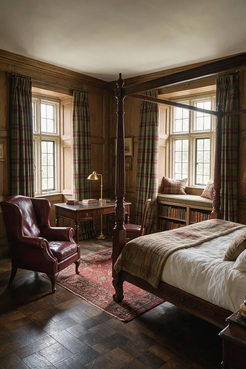 A dark academia guest bedroom with a carved four-poster wooden bed, plaid curtains, and wood-paneled walls. The room includes a burgundy leather wingback chair, a vintage desk with a brass lamp, built-in bookshelves, and a red patterned rug on dark wood flooring.