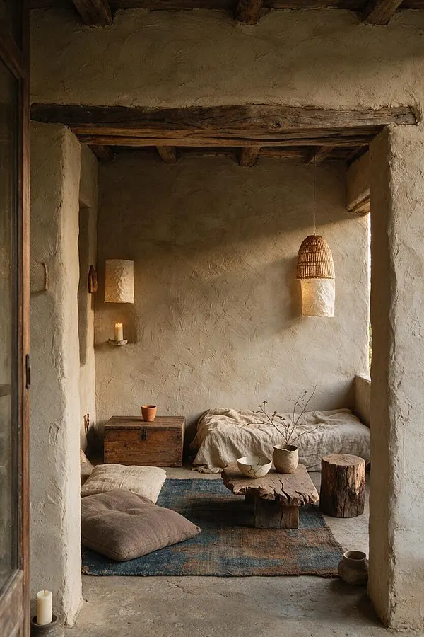 A narrow front porch styled in wabi-sabi fashion with rough plaster walls, exposed timber beams, and a soft neutral palette. Low cushions, a worn rug, a rustic wooden chest, log stools, woven pendant lighting, and handmade ceramics create a calm, timeworn, minimalist retreat.