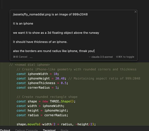 The image displays a code snippet for creating a 3D floating iPhone model.