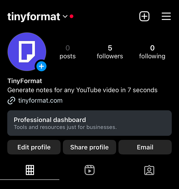 The image displays an Instagram profile for the handle 'tinyformat'.
