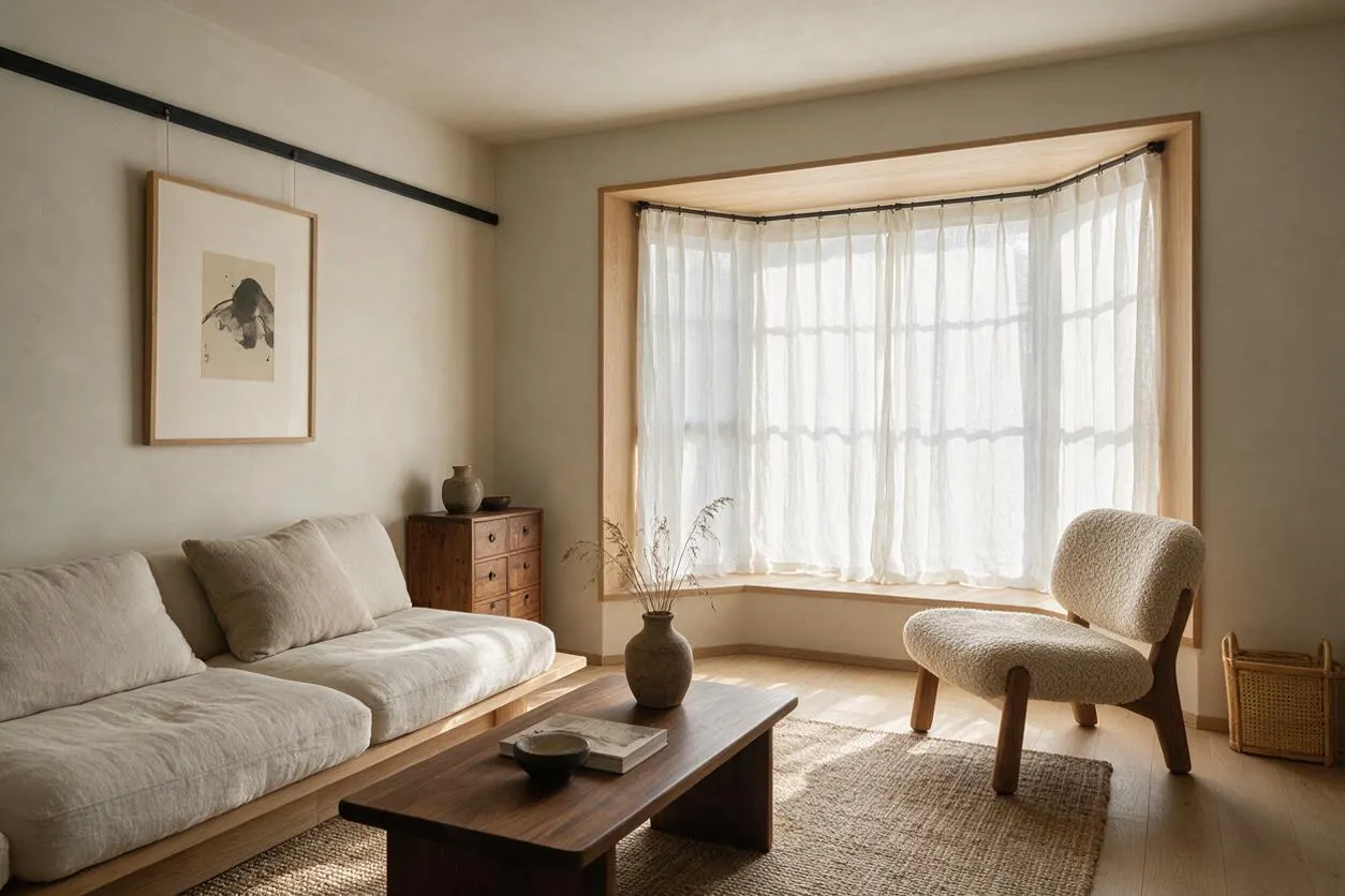 A serene Japandi living room with a low beige sofa, a sculptural wood lounge chair, and a dark wood coffee table on a textured rug. Soft sheer curtains filter daylight through a bay window, while minimal artwork, natural wood furniture, and neutral walls create a calm, airy atmosphere.