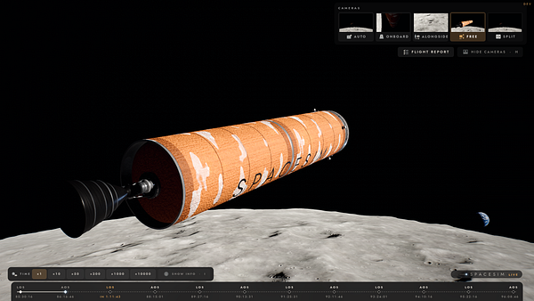 Spacecraft engine and fuel tank labeled 'SPACEX' in orbit above the moon with Earth visible in the background and UI elements showing various camera angles and timeline controls.
