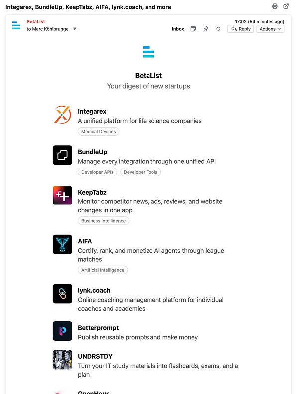 App preview of personalized 'BetaList Newsletter' showing matched startups with topic badges.