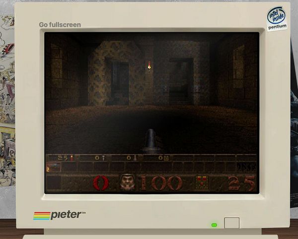 A vintage computer monitor displays a dark, pixelated video game scene.