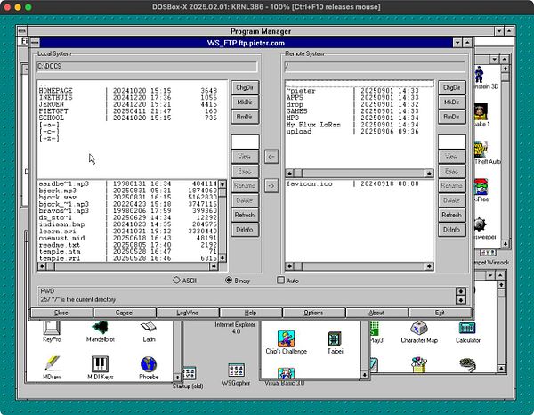 The image displays a WS FTP interface showing local and remote file systems for ftp.pieter.com.