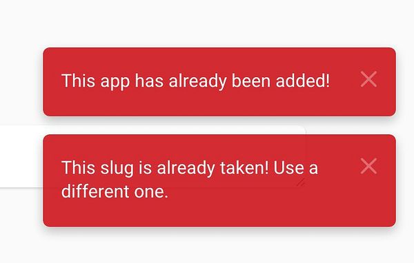 The image displays two error toast messages in a user interface.
