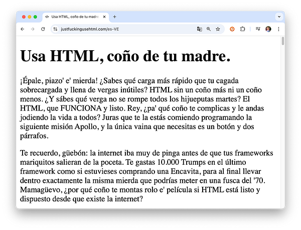 The image displays a webpage titled 'Usa HTML, coño de tu madre' featuring a Venezuelan Spanish translation of a web development guide.