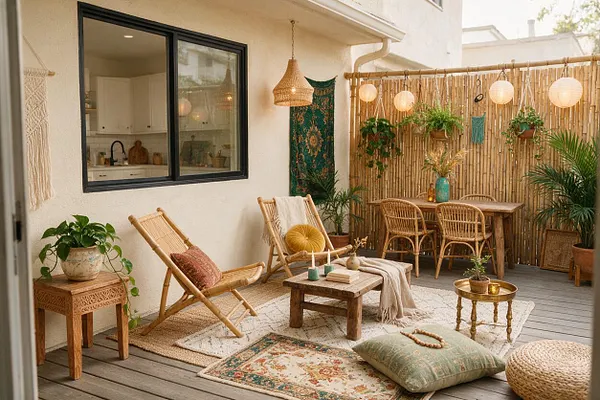A cozy bohemian backyard patio with bamboo chairs, woven rugs, low wooden tables, and hanging lanterns. A bamboo privacy screen with trailing plants, potted greenery, and warm neutral textiles creates a relaxed outdoor living and dining space.