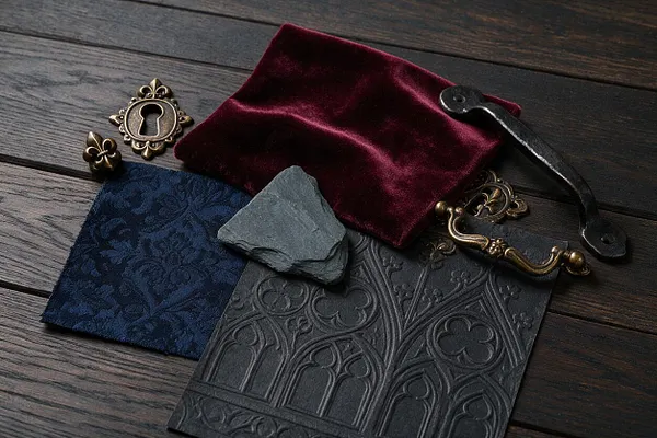 A flat lay of Gothic-inspired material samples arranged on dark wood boards, including burgundy velvet, navy floral fabric, a slate stone piece, and a black embossed panel with pointed arches. Decorative brass hardware and a wrought-iron handle add antique character and a medieval feel.