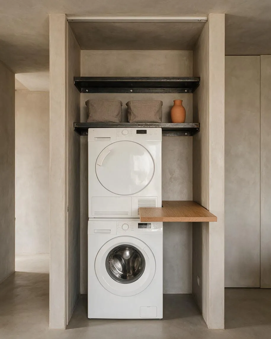 A compact laundry room in a Brutalist style features stacked white washer and dryer units recessed into a raw, concrete-toned alcove. Black metal shelves hold neutral storage bins and a terracotta vase, while a small wood folding shelf adds warmth against the stark, minimalist finish.