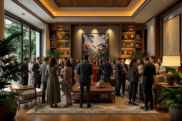 A sophisticated gathering in a stylish interior space filled with people socializing.