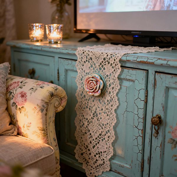 A close-up of a shabby chic media setup featuring a distressed aqua-blue wooden cabinet with a crackled finish, topped by a flat-screen TV and two glowing mercury glass votive candles. A crochet ivory lace runner cascades over the edge beside a pastel ceramic rose knob, while a rolled-arm sofa in buttery yellow floral upholstery and a linen cushion sit nearby, all illuminated by warm ambient candlelight.