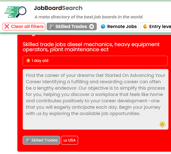 The image displays a job board interface focused on skilled trade jobs.