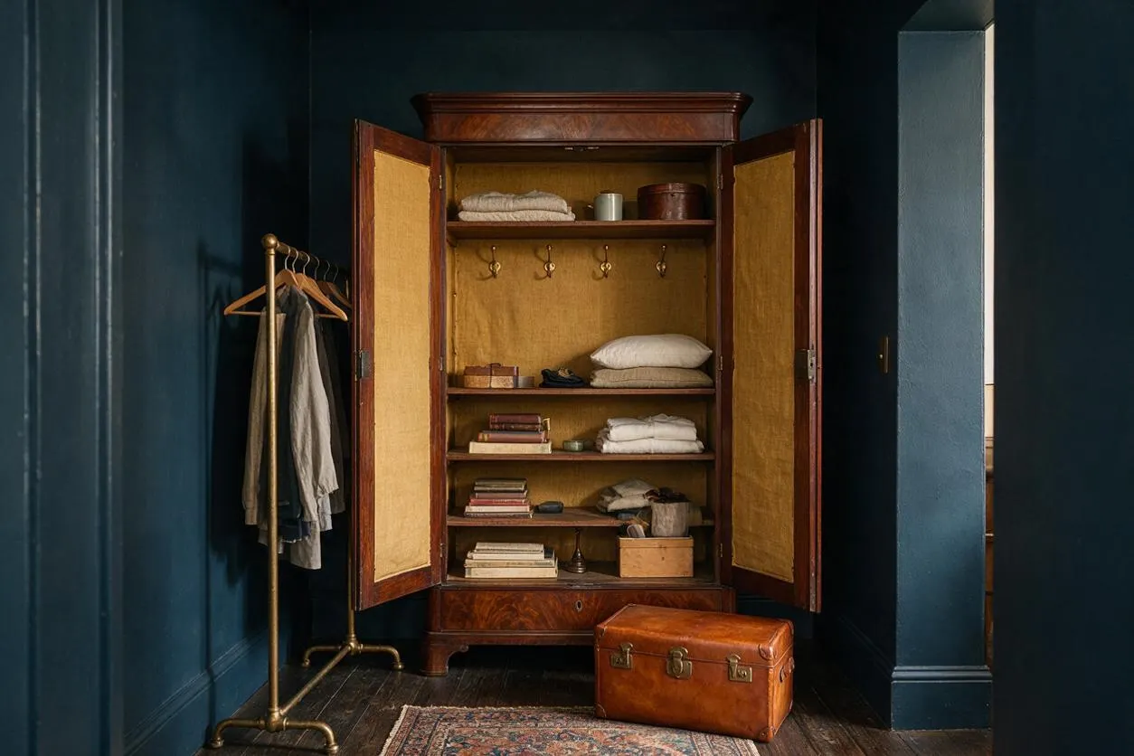 A dark academia-style closet with deep blue walls and an open antique wooden wardrobe lined in warm ochre fabric. Inside are folded linens, stacked books, small boxes, and hooks, with a brass garment rack on the left and a vintage leather trunk on the floor in front.