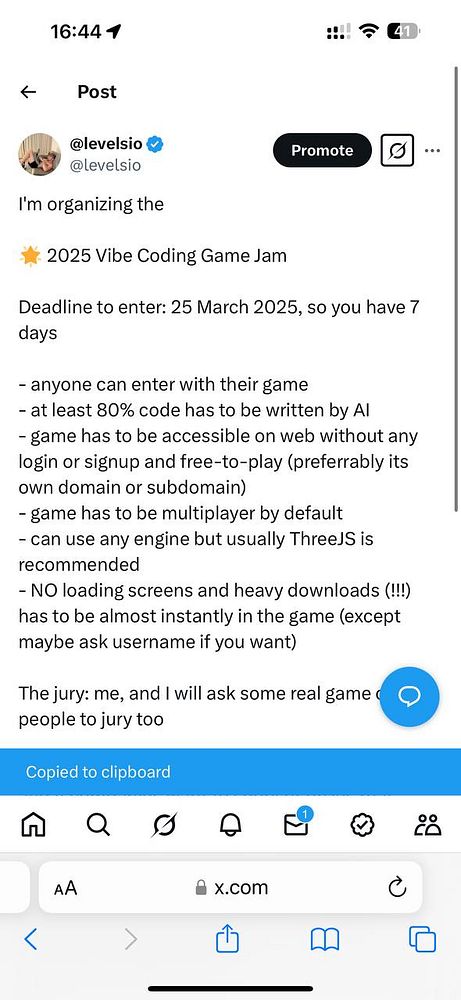 A social media post announcing the 2025 Vibe Coding Game Jam with specific guidelines and a deadline.