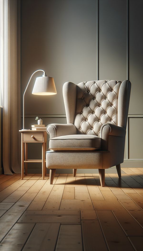A plush, upholstered Easy Chair in a cozy living room setting, with a reading lamp and small side table next to it.