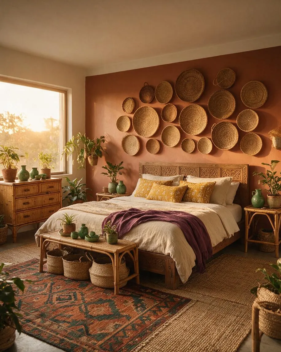 A warm bohemian guest bedroom with a carved wood bed, cream bedding, mustard pillows, and a purple throw. The terracotta accent wall is decorated with an arrangement of woven baskets, while rattan tables, jute rugs, potted plants, and a wooden dresser create a relaxed, natural atmosphere.