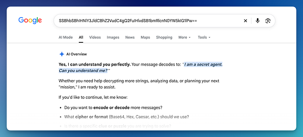 Screenshot of a Google search result showing an AI tool decoding a Base64 string.