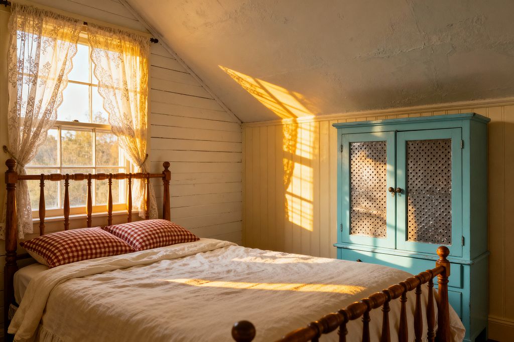 A cozy farmhouse bedroom under a sloped ceiling is bathed in golden afternoon light from a double-hung window dressed with lace curtains. A honey-stained spindle bed with off-white linen bedding and red-and-white gingham pillows sits beside a turquoise painted pie safe with punched-tin doors; shiplap and beadboard walls, timeworn plaster, and simple black iron hardware complete the rustic, nostalgic atmosphere.