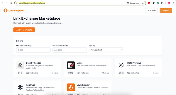 The image displays the Link Exchange Marketplace interface from LaunchIgniter, showcasing various websites available for backlink partnerships.