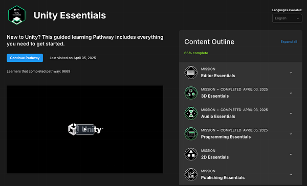The image displays a user interface for a Unity learning pathway titled 'Unity Essentials'.