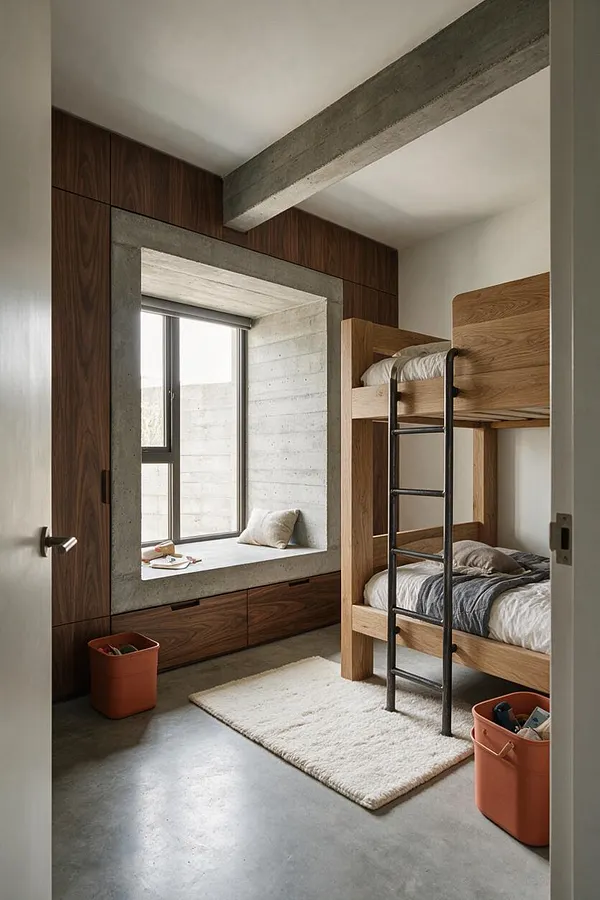 A compact kids' room with a brutalist-inspired design features exposed concrete framing a built-in window seat, wood-paneled storage, and a wooden bunk bed with a black metal ladder. The room uses a neutral palette of concrete gray, warm wood, white bedding, and a soft cream rug, with orange storage bins adding a small pop of color.