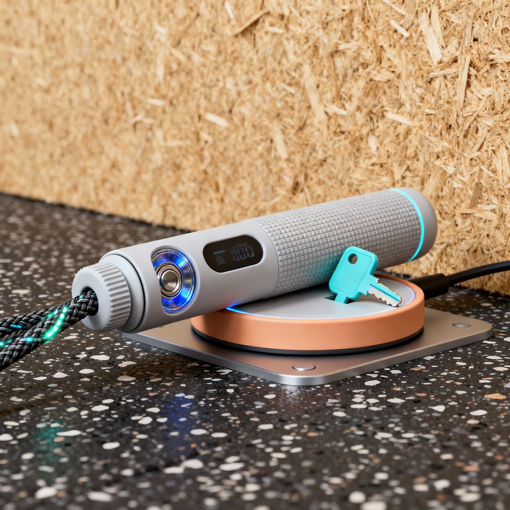 A close-up of a gray smart jump rope handle with a textured grip, small digital display, and blue LED ring resting on a copper-toned wireless charging puck set into a brushed aluminum plate. A mint key sits on the charger. The floor is dark, speckled rubber resembling terrazzo, and the backdrop is a warm OSB plywood wall. A charging cable connects at the right, with soft ambient light emphasizing the sleek, tech-forward home gym setup.